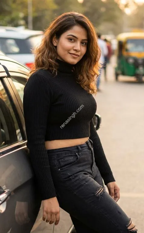 Ananya leaning against car