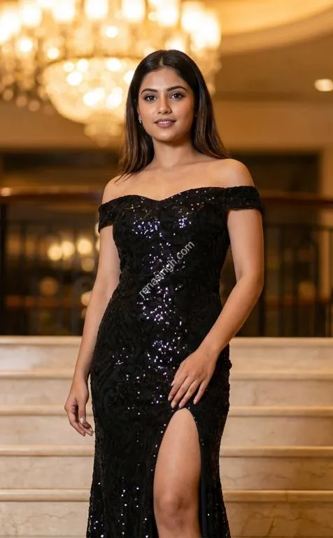 Bhavya in sequin dress posing
