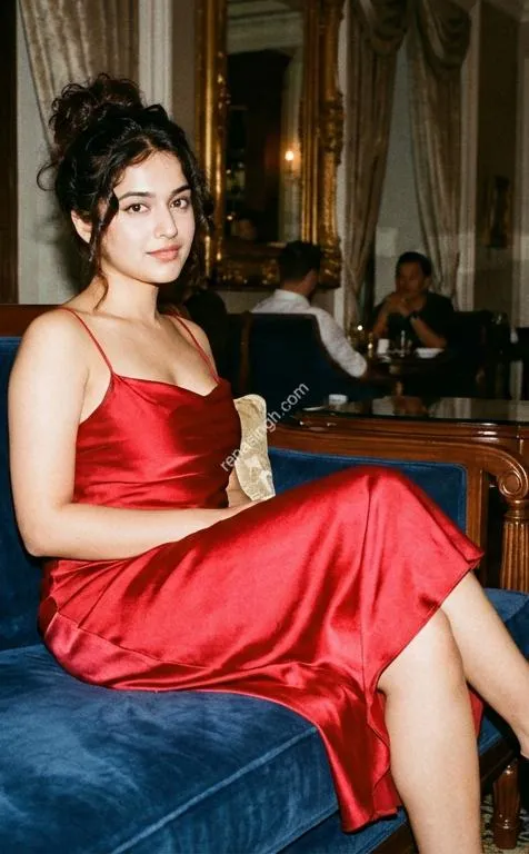Ekta in red dress sofa