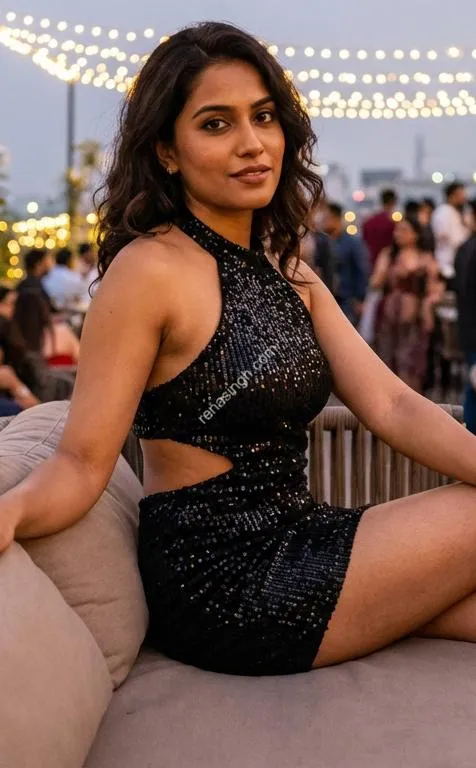 Priya in sequin dress rooftop